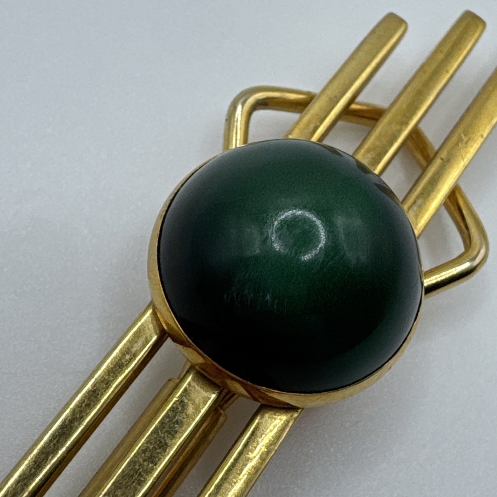 Vintage Swank Gold Tone Tie Clip Bar Green Malachite Look Stone Mid Century - Picture 3 of 5